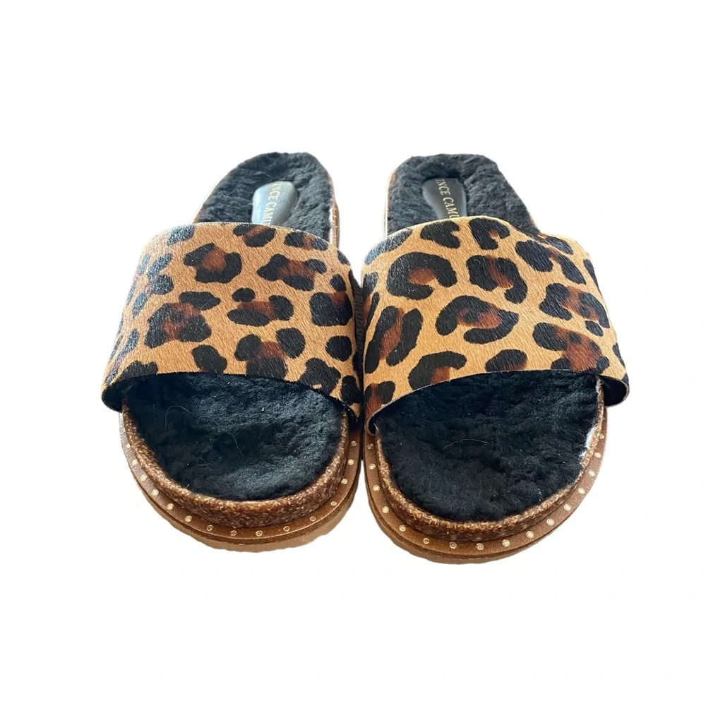 Vince Camuto leopard print Leo haircalf black fur slip on slide sandal 7